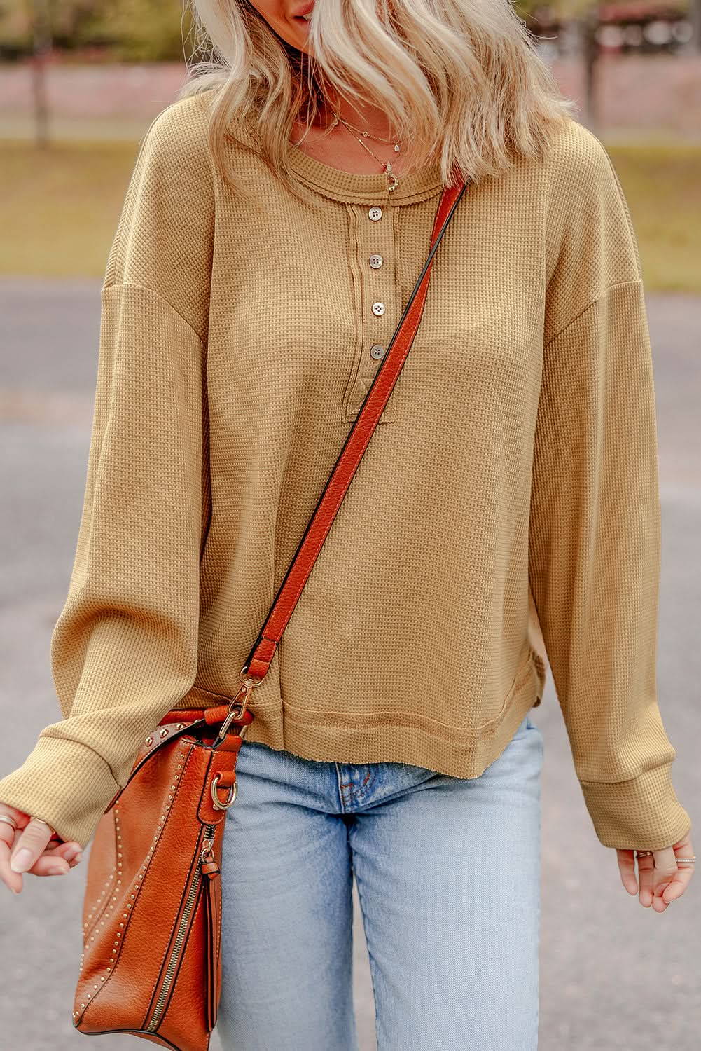 Camel Textured Knit Half Button Drop Shoulder Oversized Top - Love Salve